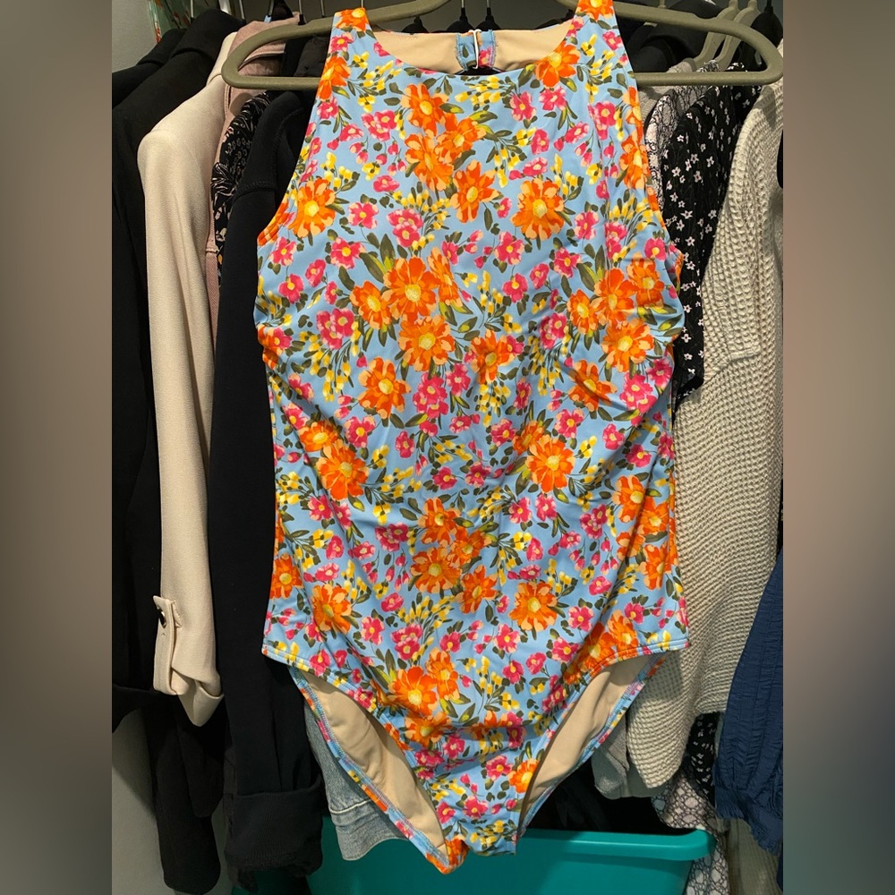 Girls' Floral One-Piece Swimsuit - Orange & Blue